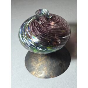 Vintage MCM Hand Blown Art Glass Vase Swirl Purple Blue Green Pedestal Base